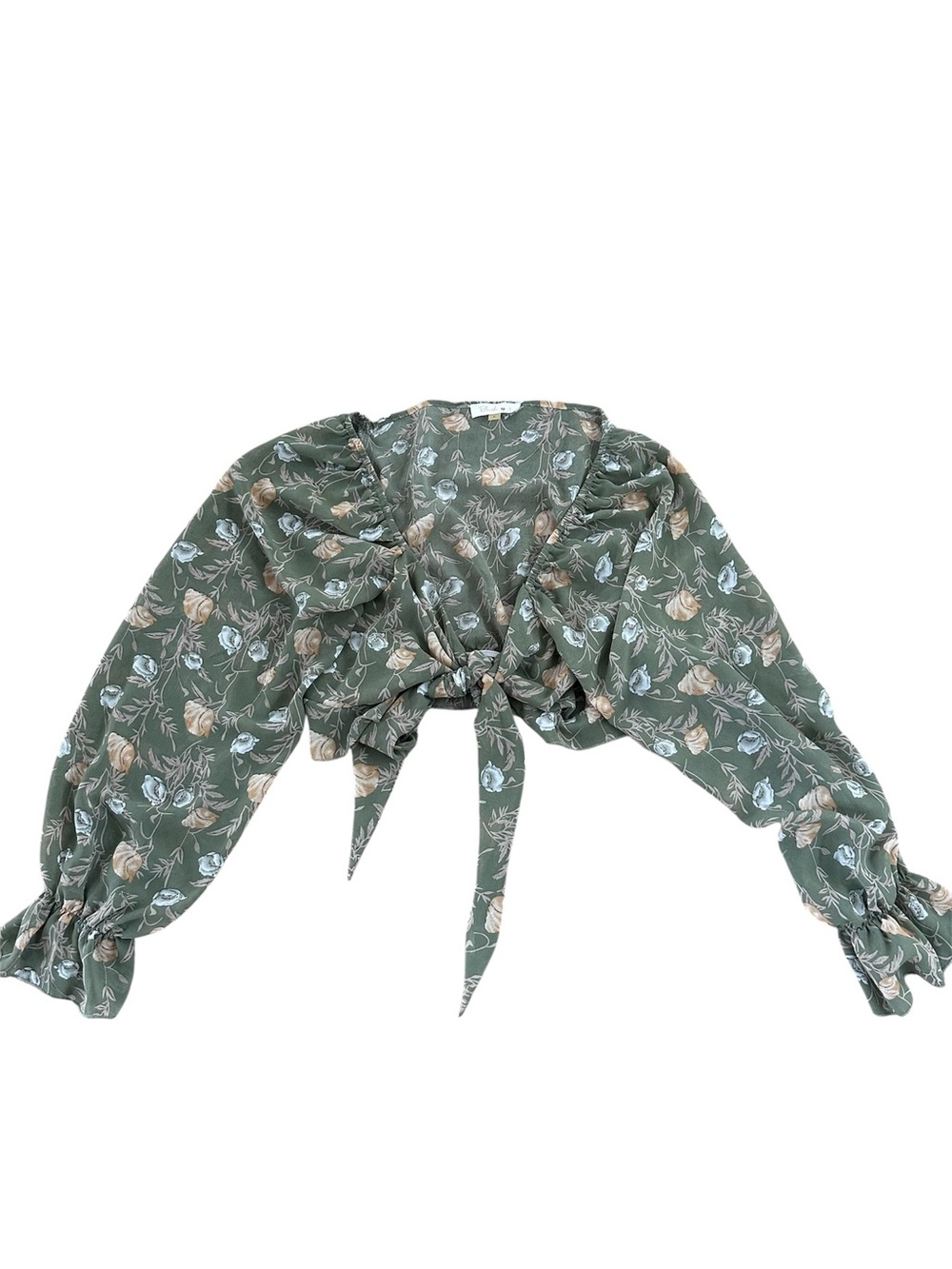 Boho Cottagecore Floral Tie-Front Long Sleeve Crop Top Sage Green Small